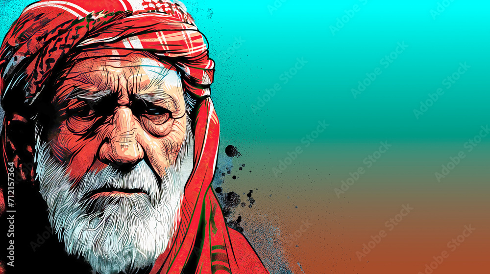 Graphically Abstracted Portrait of a White-Bearded Bedouin with a Red Turban