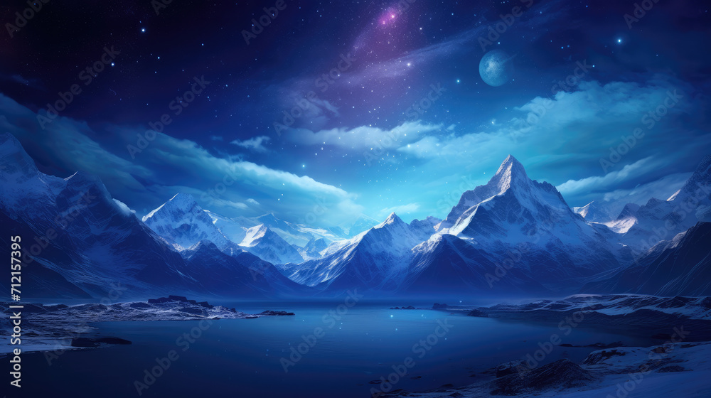 Serene Night Landscape with Milky Way over Snow-Capped Mountains Serene Night Landscape with Milky Way over Snow-Capped Mountains