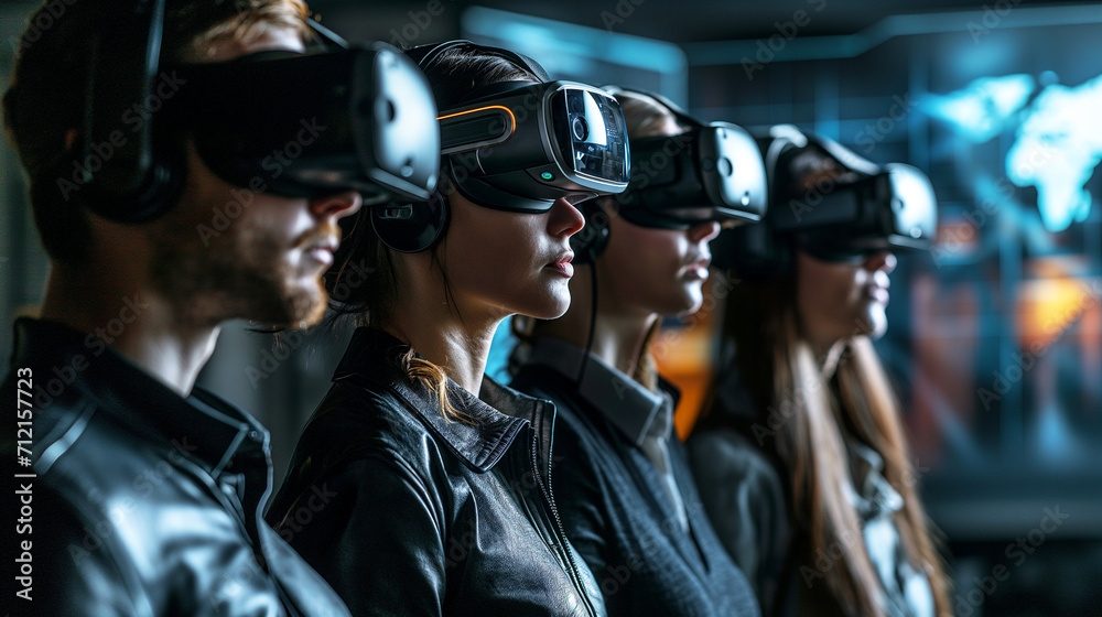 line of people is engrossed in VR headsets, standing against a backdrop with digital world maps, in a dimly lit room