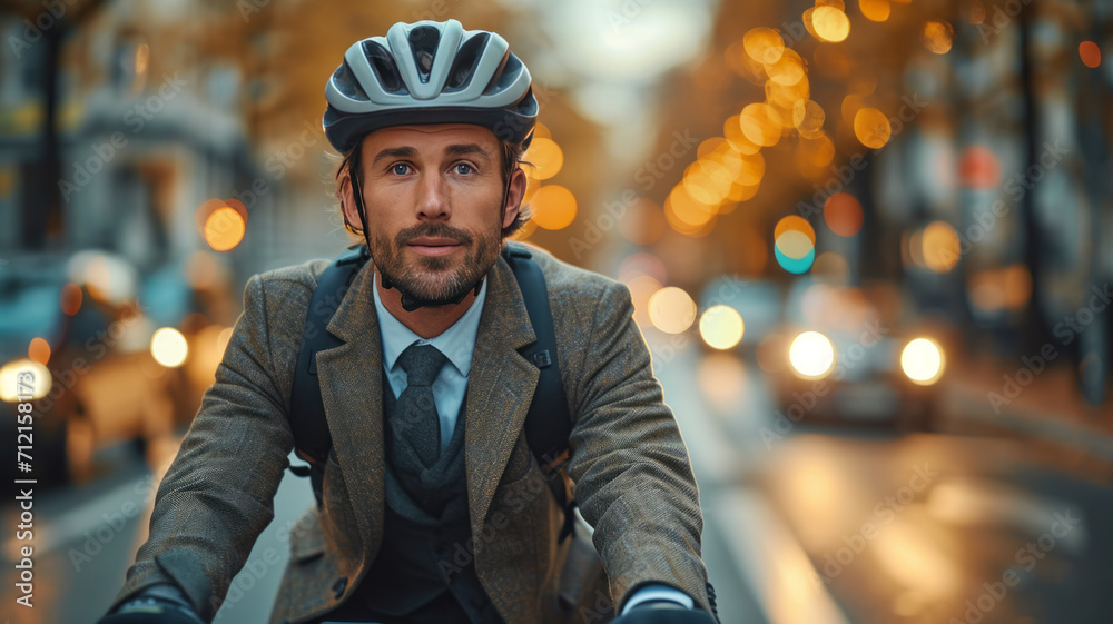 a young man with suit wearing helmet riding a bicycle on a road to work in a city street ,generative ai a young man with suit wearing helmet riding a bicycle on a road to work in a city street ,generative ai
