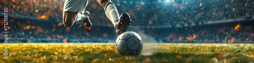 Soccer stadium with professional soccer player kicking dribbling the soccer ball. Generative AI