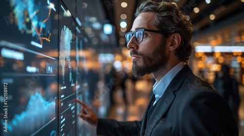 man in a suit with glasses touching and interacting with futuristic digital data screens in a bright, modern retail or office environment photo