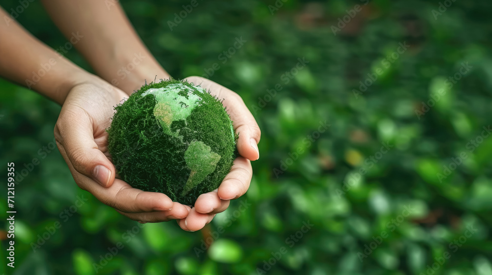 Hand holding of green earth ball, forest background, Earth Day, Environment society and governance sustainable environmental concept - obrazy, fototapety, plakaty 