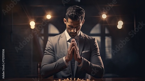businessman in a thoughtful pose, hands in prayer, symbolizing the tension of making difficult choices at work.