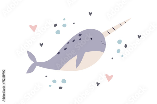 Cute baby narwhal. Unicorn horned fish. Sea animal in Scandinavian nordic sty...