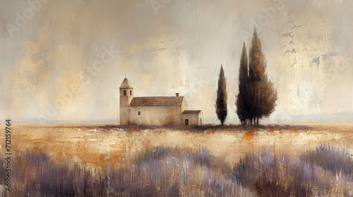 Ethereal landscape painting depicting a solitary church amidst a sea of lavender fields under a soft, expansive sky. photo