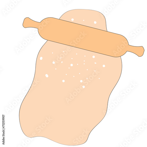 Baking table top view. Measuring spoon, wooden chopping board, rolling pin, bread knife, bowl and cup. Flat design food tools for baking cartoon style vector illustration