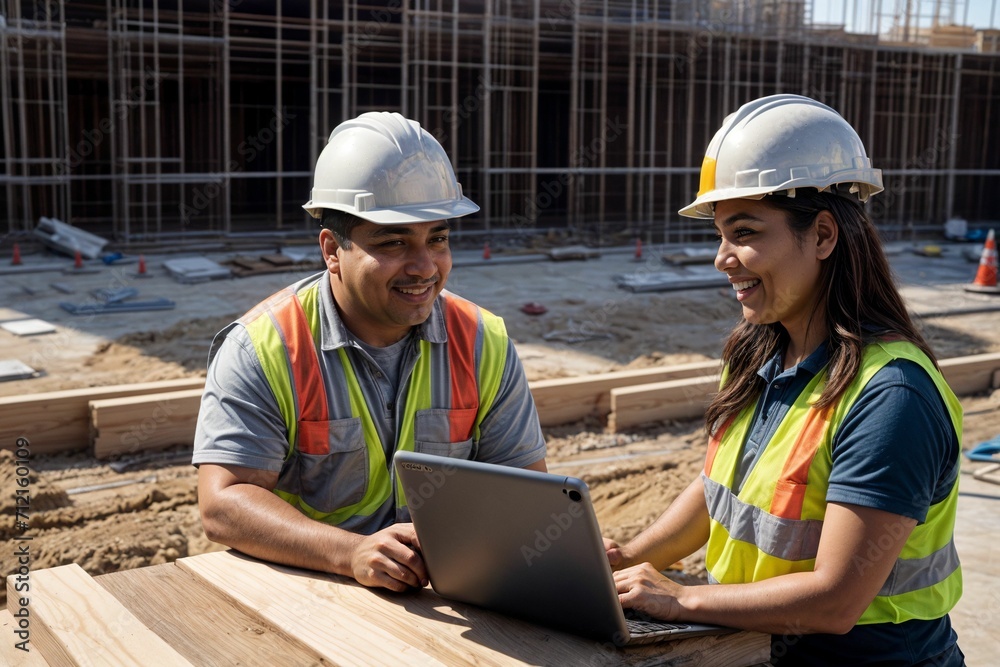 two construction worker professionals collaborating at a large construction site planning together as a team two construction worker professionals collaborating at a large construction site planning together as a team