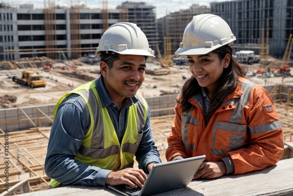 two construction worker professionals collaborating at a large construction site planning together as a team two construction worker professionals collaborating at a large construction site planning together as a team