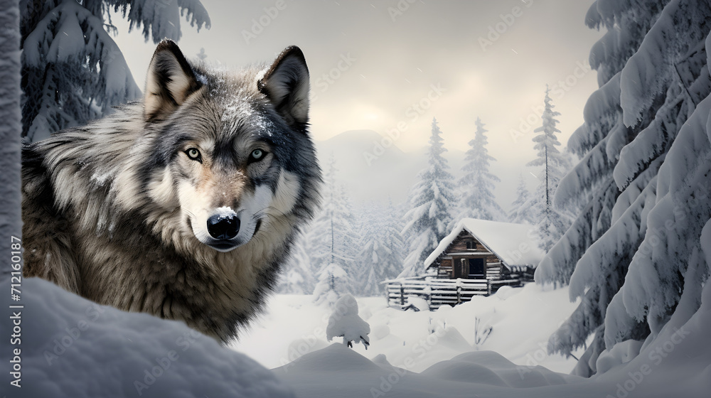 A beautiful gray wolf came to a hut in the winter mountains A beautiful gray wolf came to a hut in the winter mountains