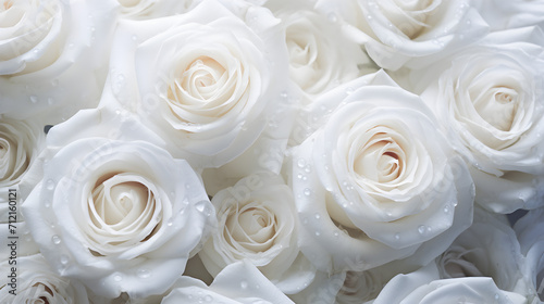 A bouquet of white roses for the bride for a wedding on a white bed