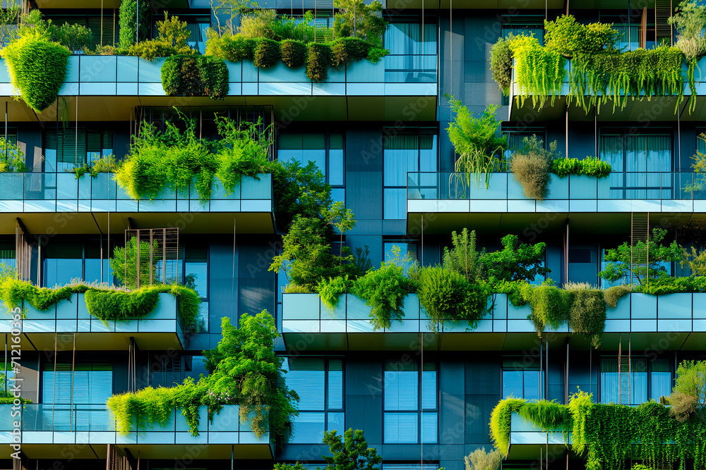 Modern building facade with windows and plants on the balconies. Eco-sustainable city