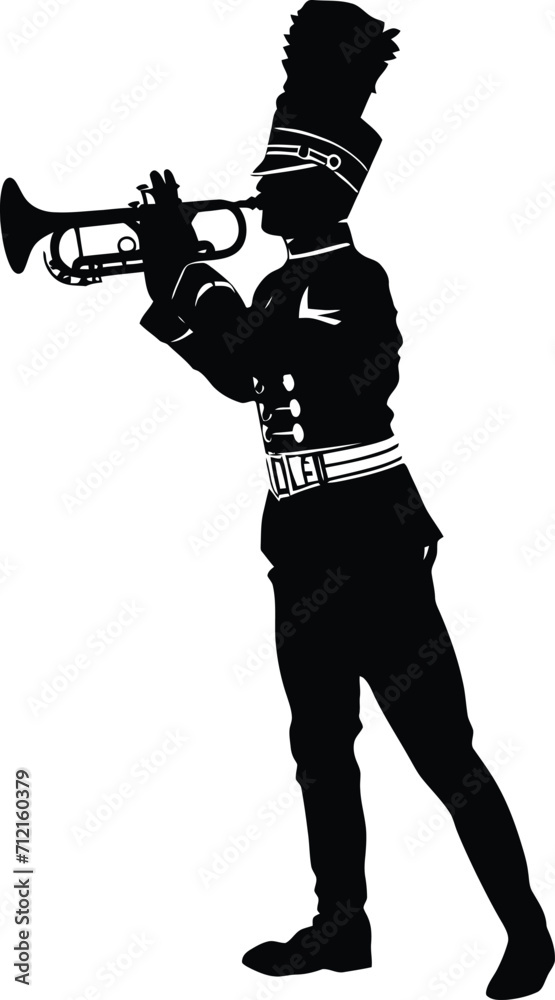 Silhouette marching band wind instrument player full body black color only Silhouette marching band wind instrument player full body black color only
