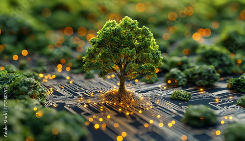 tree with golden roots on a circuit board, among small green bushes with glowing orange dots, merges nature with technology