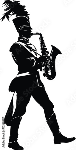 Silhouette marching band wind instrument player full body black color only