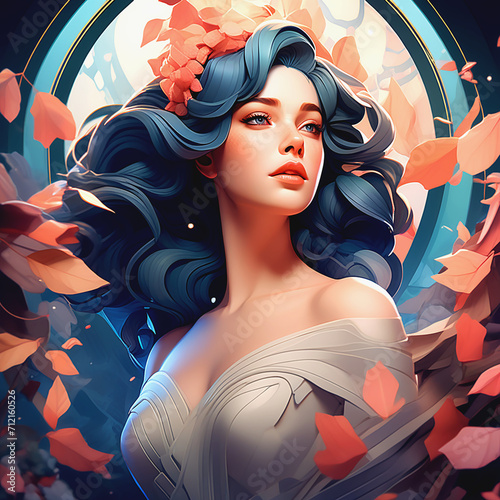 Portrait of a young sexy woman with brone, gray, and mint hair color artfully decorated, withered decorative llively green leaves tree looking like an art nouveau beautiful girl