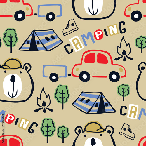 Vector seamless pattern of camping elements with funny bear head