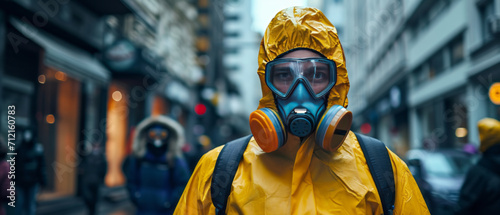 Man wearing bio hazard suits in on city streets due to pollution and contamination, working with team,generative ai photo
