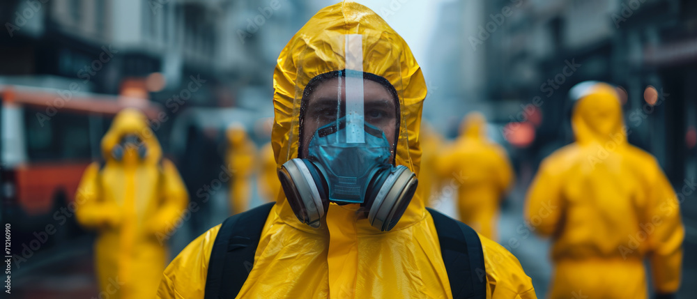 Man wearing bio hazard suits in on city streets due to pollution and ...