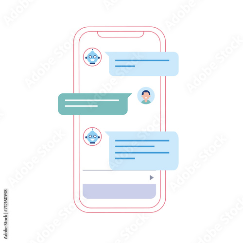 man talking to robot, chat messages on smartphone screen. Concept of chatbot conversation, technical support service. flat line vector illustration