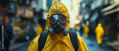 Man wearing bio hazard suits in on city streets due to pollution and contamination, working with team,generative ai