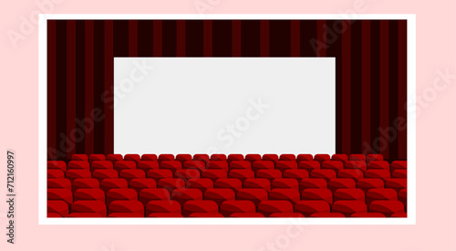 Theater stage with red curtains, spotlights and empty seats rows. Theatre interior with wooden scene with luxury velvet drapes, music hall, opera, drama cartoon background, Vector illustration