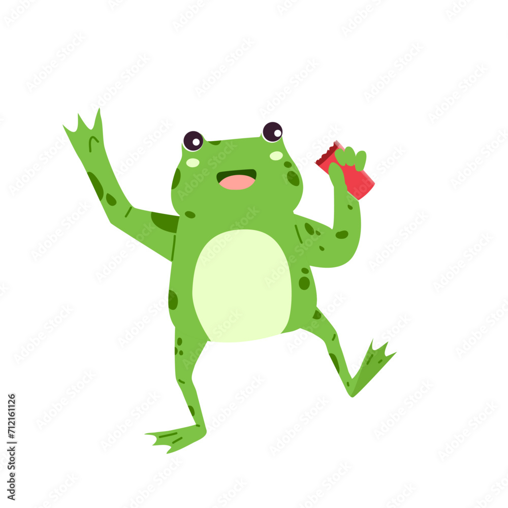 Cute Frog Drinking beer Cartoon happy frog vector cartoon or mascot drinking with bottle. Vector Illustration.