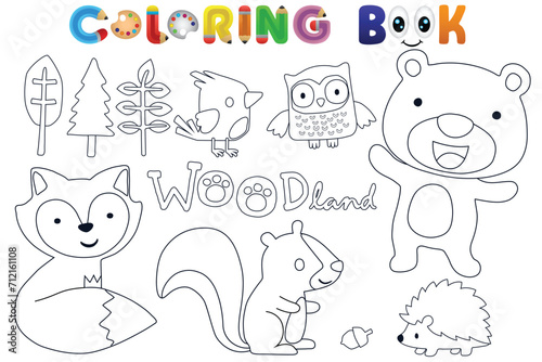 Vector coloring book with woodland animals cartoon