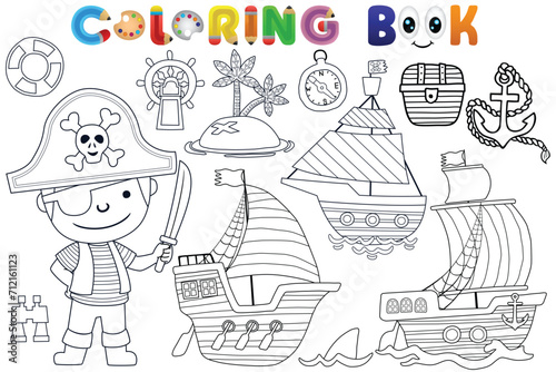 Vector coloring book with little pirate, pirate sailing elements illustration