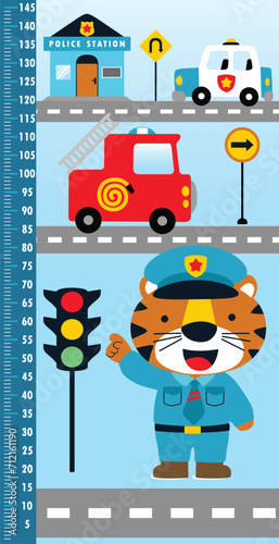 Vector illustration of height measurement wall with funny tiger cop and rescue vehicle