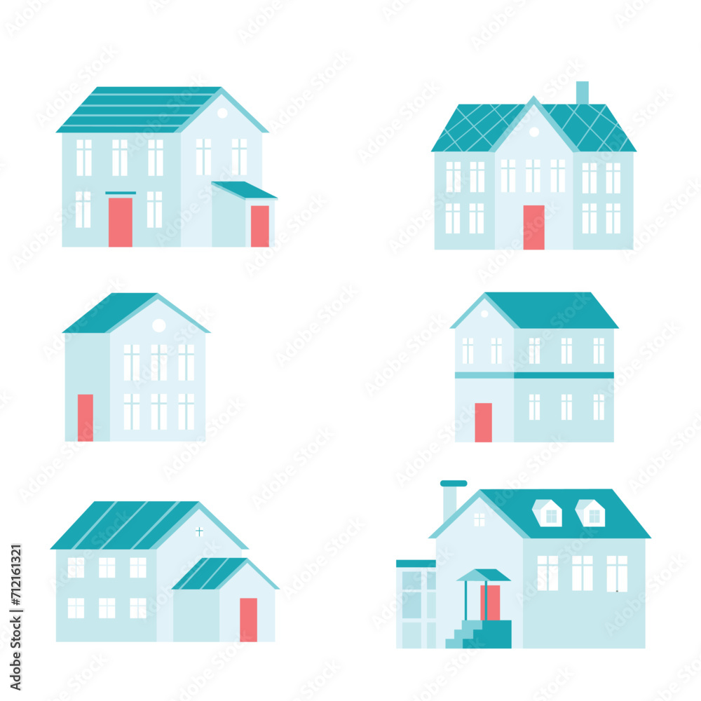 Various simple houses, trees and mountains. Flat design trendy illustration. Big colored vector set. Various simple houses, trees and mountains. Flat design trendy illustration. Big colored vector set.