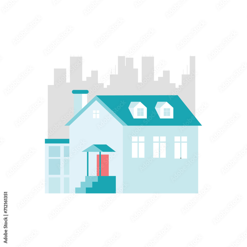 Flat illustration of simple house with cityscape background. Urban architecture.