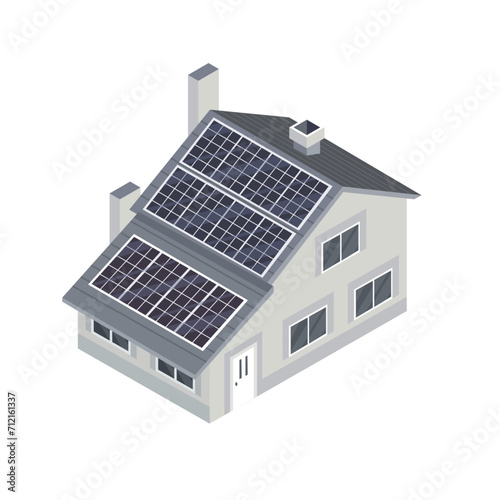 Smart home system for new home. isometric house. Solar cell installed. Ecology energy saving concept for free energy. vector 3d illustration.