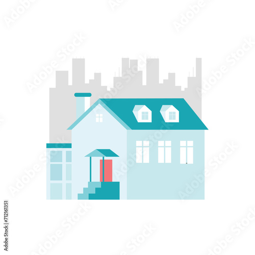 Flat illustration of simple house with cityscape background. Urban architecture.