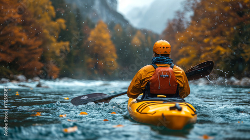 kayaker with whitewater kayaking, down a white water rapid river in the mountains, beautiful landscape background,henerative ai © Chanya2498