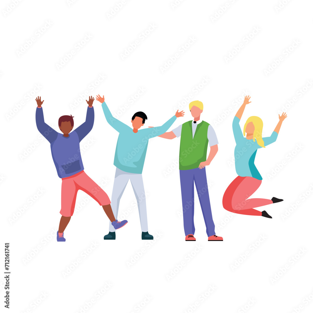 young people Jumping and dancing, happy people. Positive emotions set illustration.