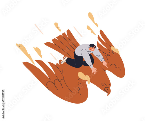 Man flying on birds back. Tiny person riding eagle. Flight in fantasy, fiction, imagination, fairy dream. Happy character showing aim, direction. Flat vector illustration isolated on white background