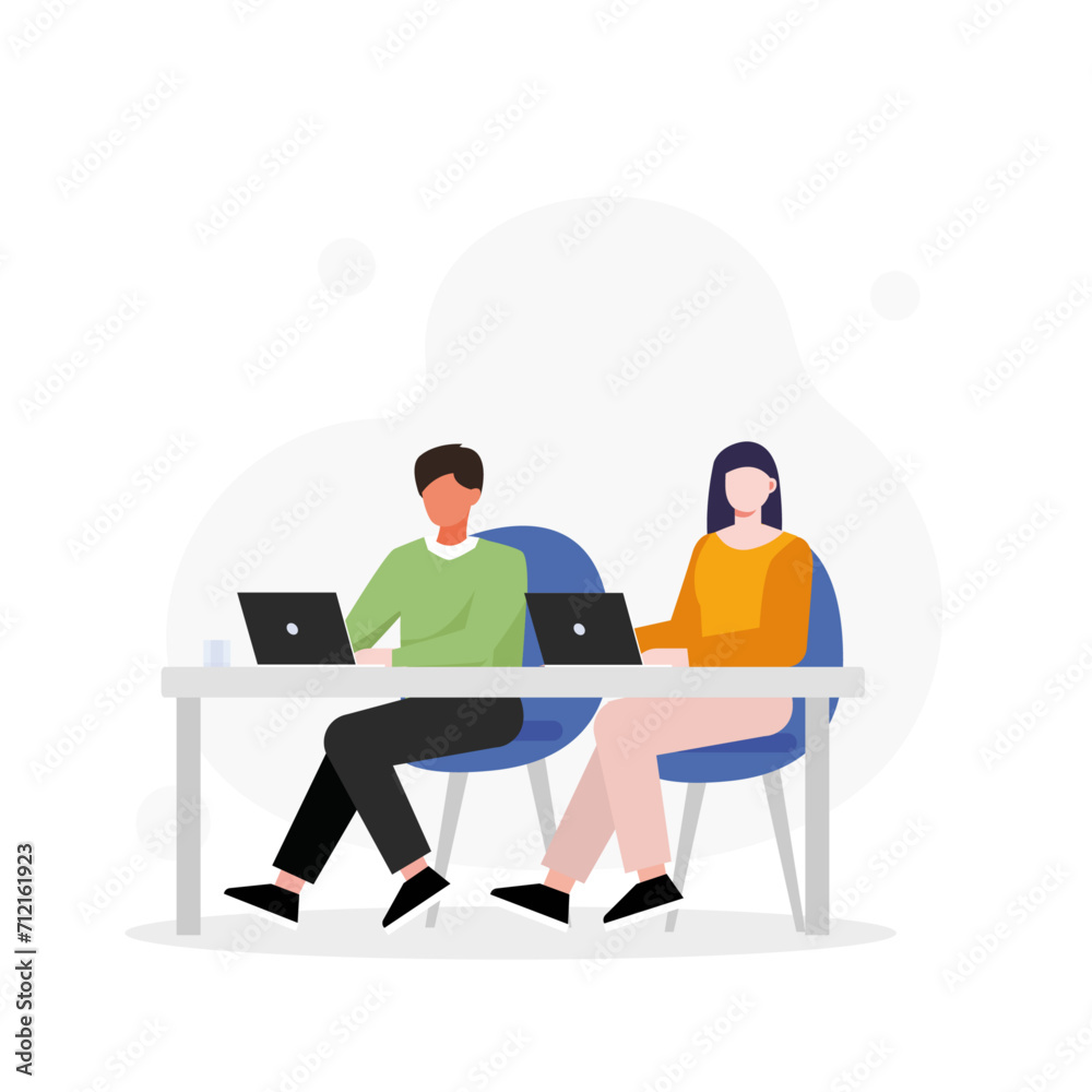 Men and women sitting at desk and standing in modern office, working at computers and talking with colleagues.  flat vector illustrations.