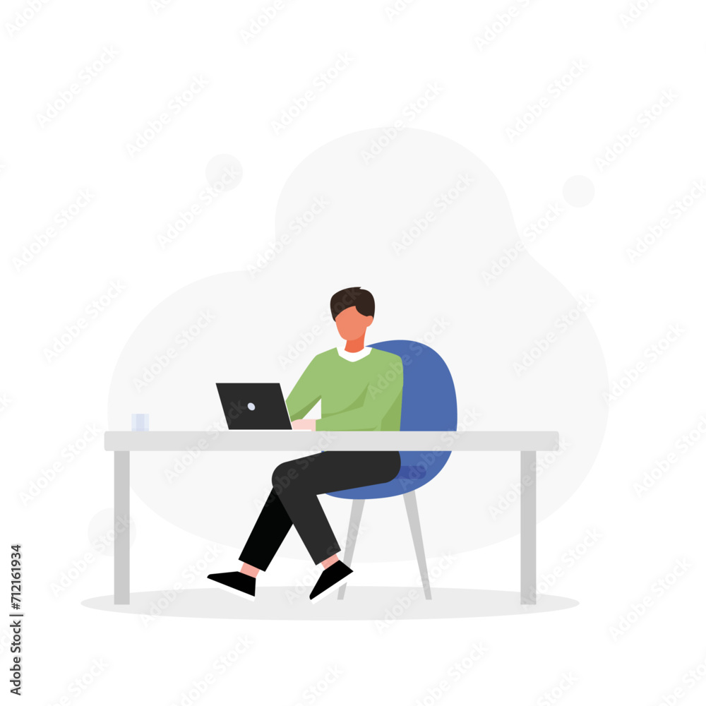 Men sitting at desk and standing in modern office, working at computers and talking with colleagues. flat vector illustrations. Men sitting at desk and standing in modern office, working at computers and talking with colleagues. flat vector illustrations.