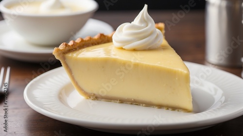 A piece custard pie on a white plate with butter cream photo