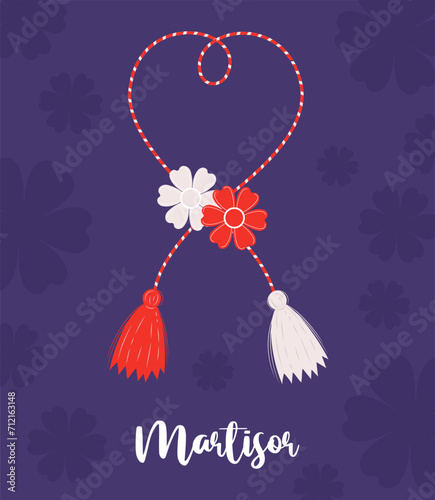 Martenitsa, amulet flowers. Martisor holiday. Red and white thread. Tradition meeting of early spring. Vector holiday card photo