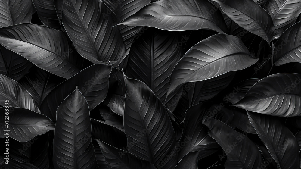 Textures of abstract black leaves for tropical leaf background. Flat lay, dark nature concept, tropical leaf,generative ai Textures of abstract black leaves for tropical leaf background. Flat lay, dark nature concept, tropical leaf,generative ai