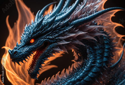 Blue dragon head with orange eyes with flames on a black background