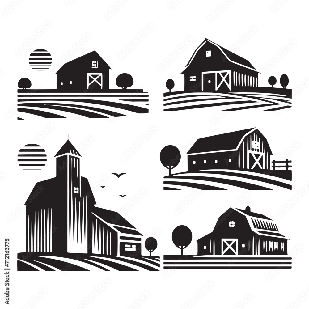 Tranquil Horizon: Farm Silhouette with Barn Silhouette Creating a Serene Countryside Scene - Barn Vector - Barn Illustration
