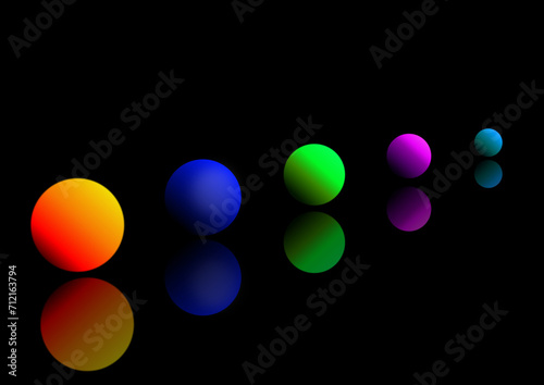 Sfondo nero con sfere colorate e riflesse photo