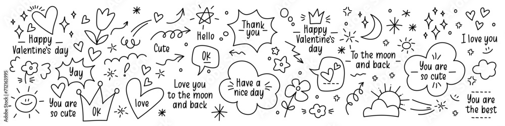 Cute vector glitter pen line doodles with hearts, sparks, arrows, speech bubbles in anime stile. Expression of love, birthday congratulations. Cute Valentines day doodle stickers. Manga kids set Cute vector glitter pen line doodles with hearts, sparks, arrows, speech bubbles in anime stile. Expression of love, birthday congratulations. Cute Valentines day doodle stickers. Manga kids set