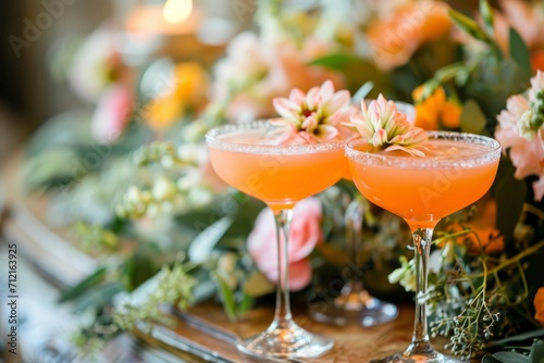 Drinks on the wedding day. Glasses on a wedding table with peach fuzz colored floral decorations