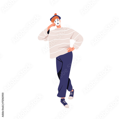 French mime. Mimic comedian, street actor performing silent comedy. France comic performer in beret, acting sad emotion, expressing crying. Flat vector illustration isolated on white background