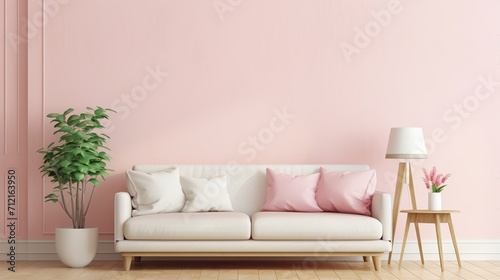 Living room interior concept with sofa and pink color.
