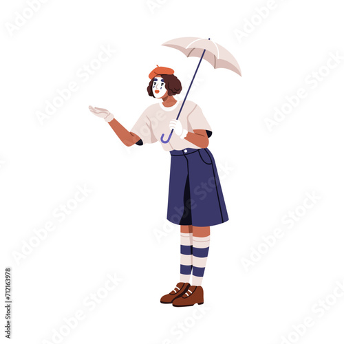 French mime, dumb performer with face makeup. Comic mimic comedian, actress with umbrella, performing begging. Street comedy in France. Flat graphic vector illustration isolated on white background